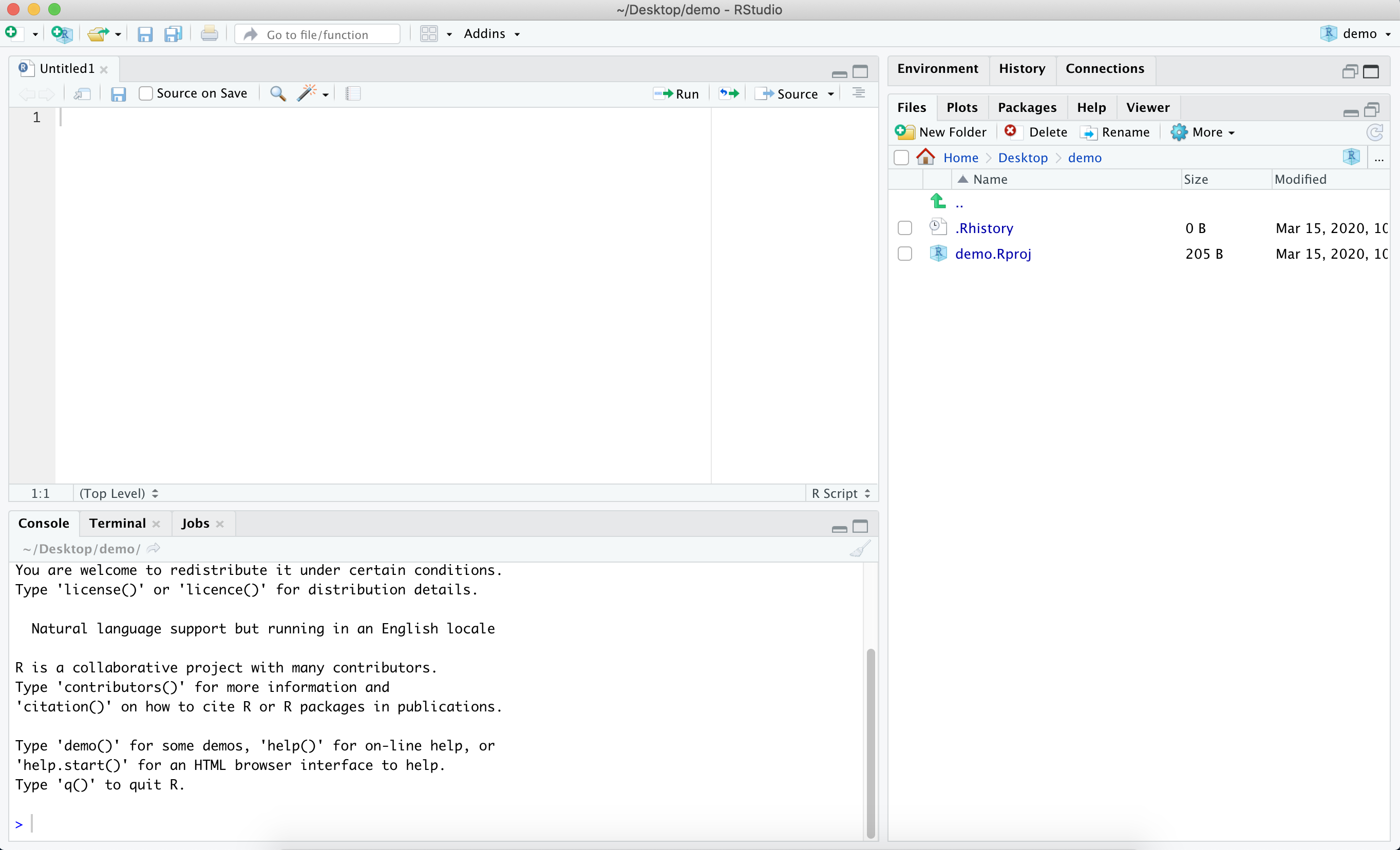 RStudio Layout with the Environment Pane Minimized