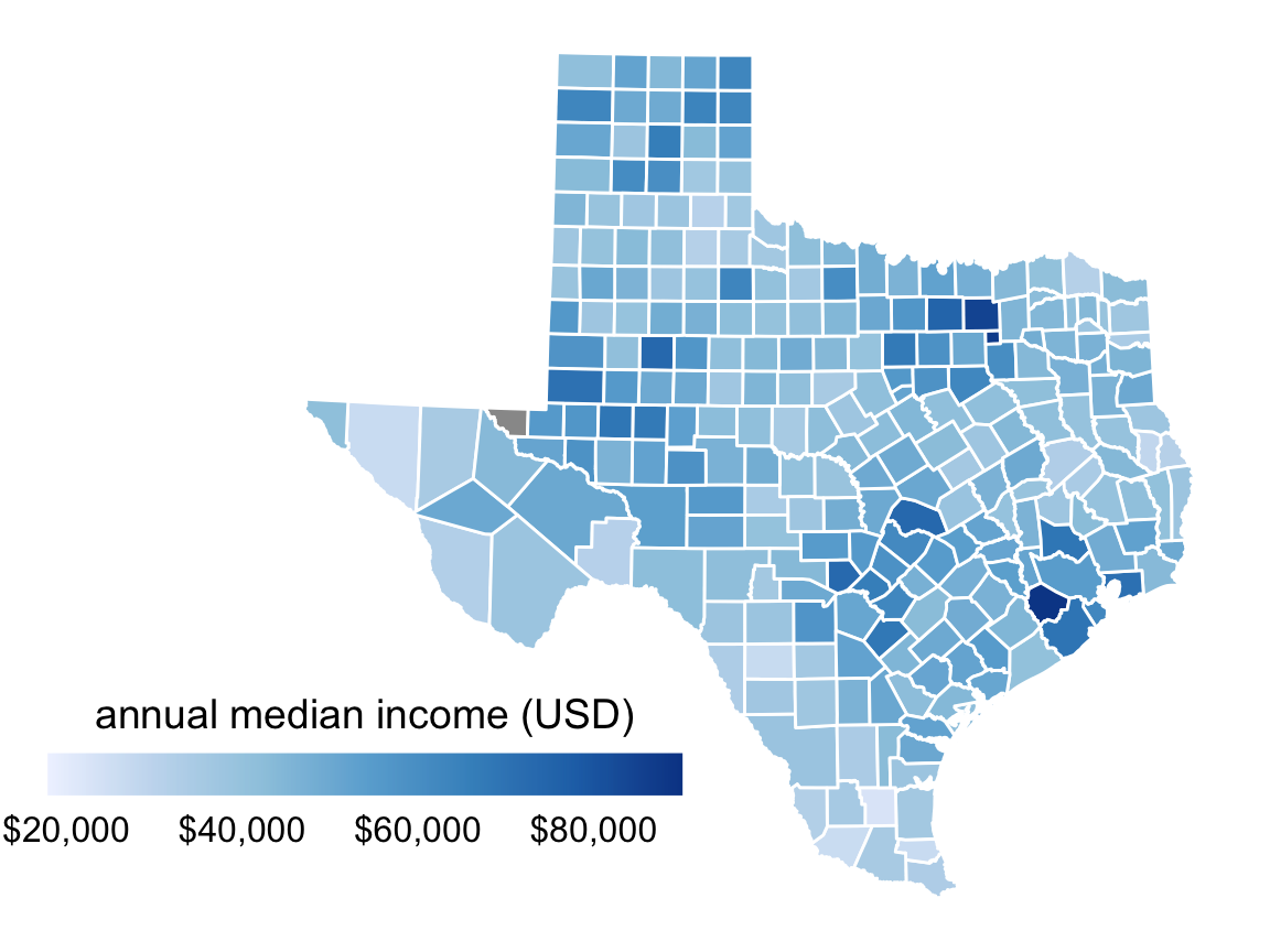 Median annual income in Texas counties. The highest median incomes are seen in major Texas metropolitan areas, in particular near Houston and Dallas. No median income estimate is available for Loving County in West Texas and therefore that county is shown in gray. Data source: 2015 Five-Year American Community Survey