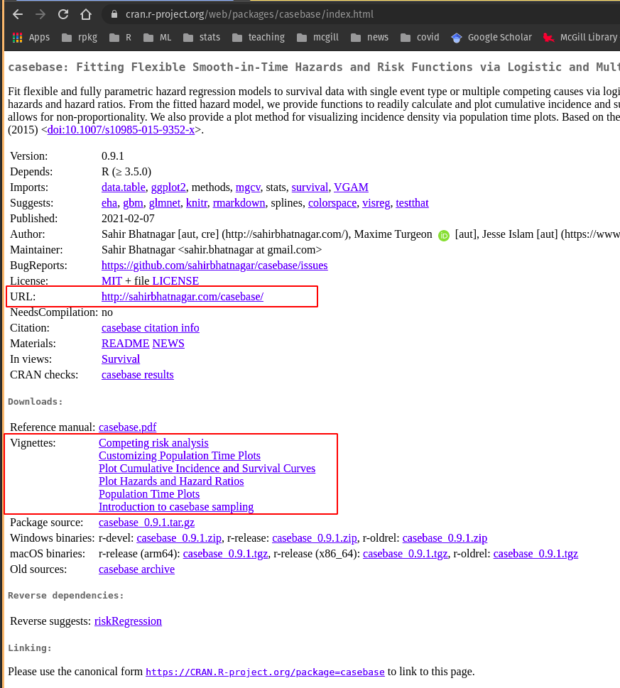 CRAN homepage for the casebase package. Much of the information about a package can be found on this landing page. You might also find more information on the package website with can be found in the URL link boxed in red.