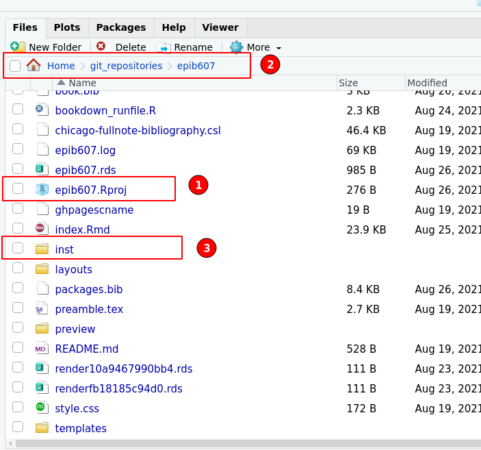 The files in my epib607 R project. (1) The R project file - this indicates that I have indeed created an R project called epib607. The .Rporj file is always found in the root directory. (2) The path of the directory as would be seen in a file management application such as Finder (on a mac) or Windows Explorer. (3) A directory that contains data.